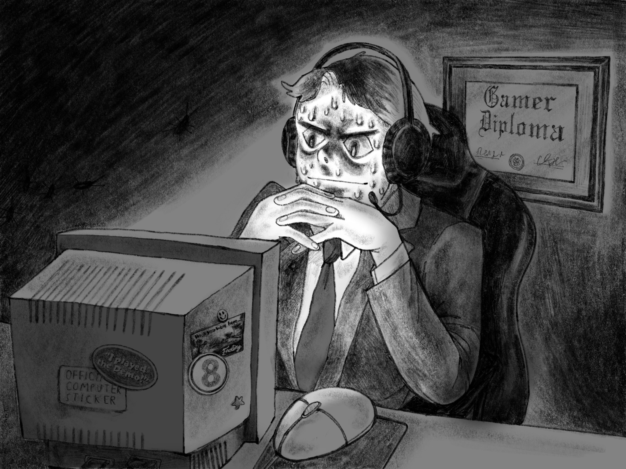 Illustration of a gamer, thinking a bit harder